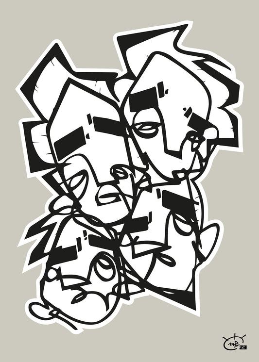 A black and white abstract artwork titled "Life Is No Sugar Lickin" by Markus Haertel, featuring multiple overlapping stylized faces created with bold one line geometric shapes. Available in five background colors.