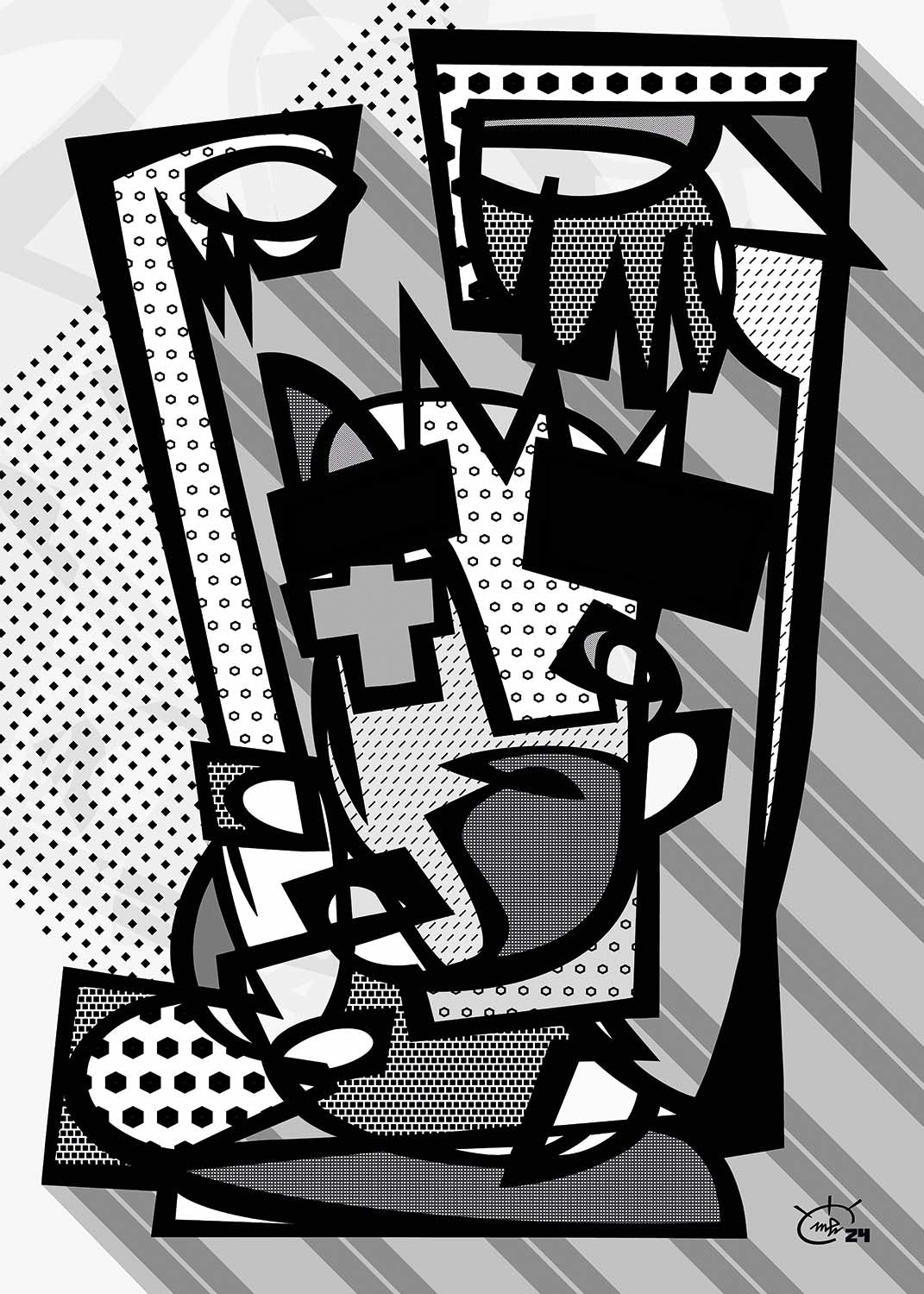LIL WITCHA monochromatic black and white abstract art by Markus Haertel. A sleek and modern design that focuses on intricate lines and form.