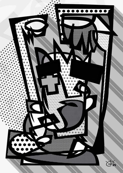 LIL WITCHA monochromatic black and white abstract art by Markus Haertel. A sleek and modern design that focuses on intricate lines and form.