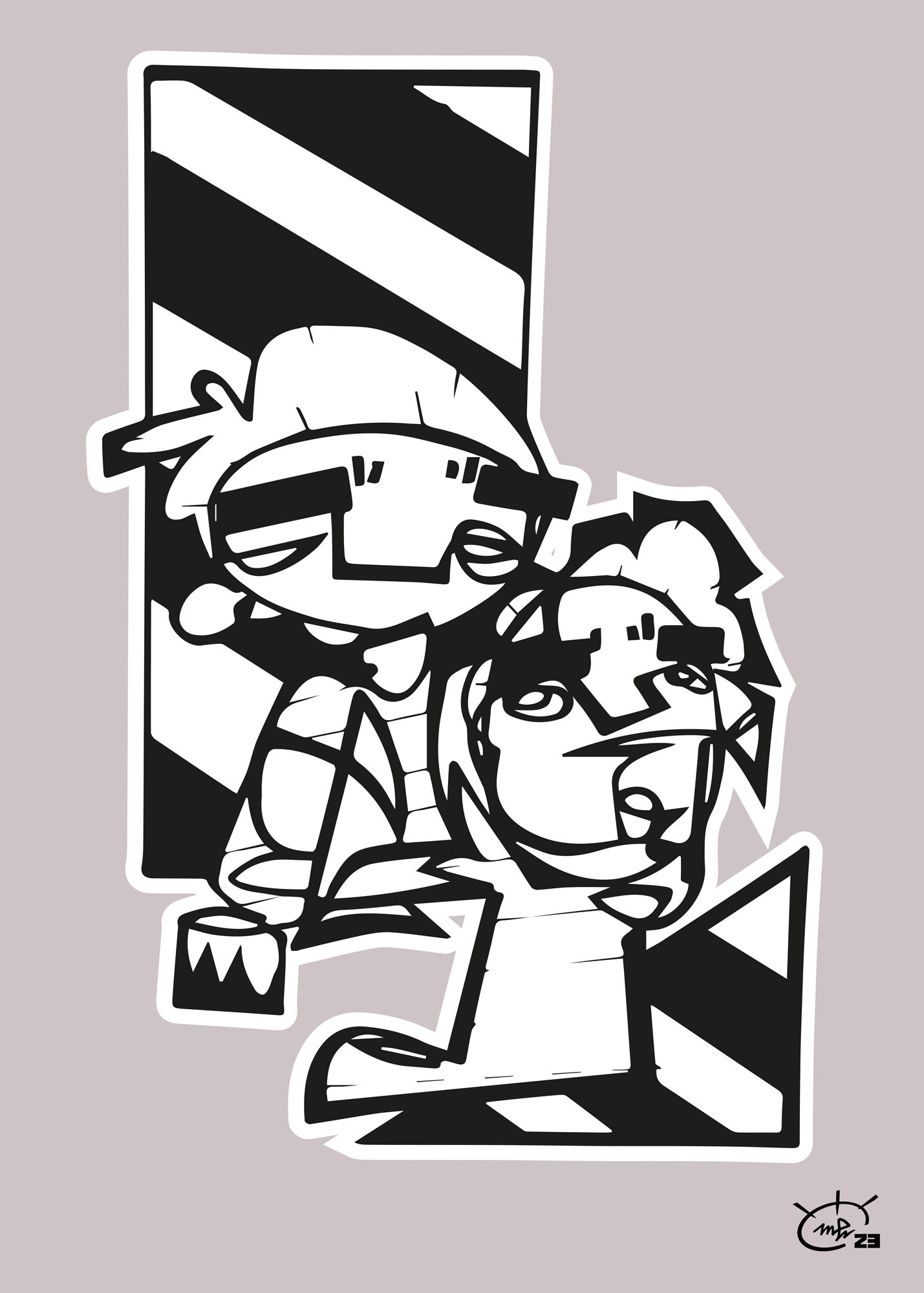 A black and white abstract artwork titled "Men At Work" by Markus Haertel, featuring two stylized figures in an industrial setting with bold one line geometric shapes. Available in five background colors.