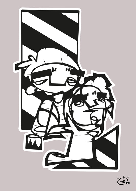 A black and white abstract artwork titled "Men At Work" by Markus Haertel, featuring two stylized figures in an industrial setting with bold one line geometric shapes. Available in five background colors.