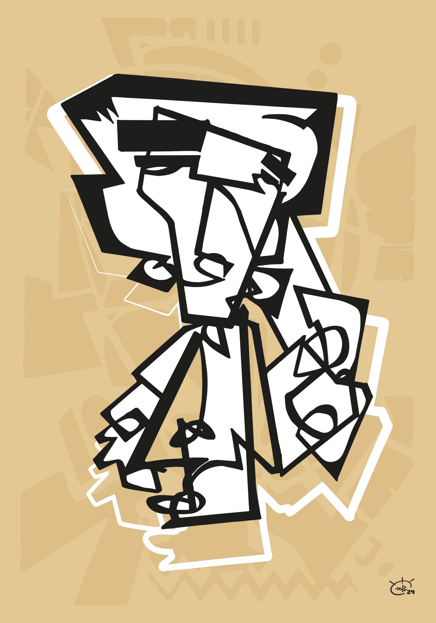 Abstract one-line artwork titled 'Mr Racket' by Markus Haertel, featuring a distorted, angular figure in thick black lines against a white background, creating a dynamic and modern geometric composition. Available in 5 different colors.