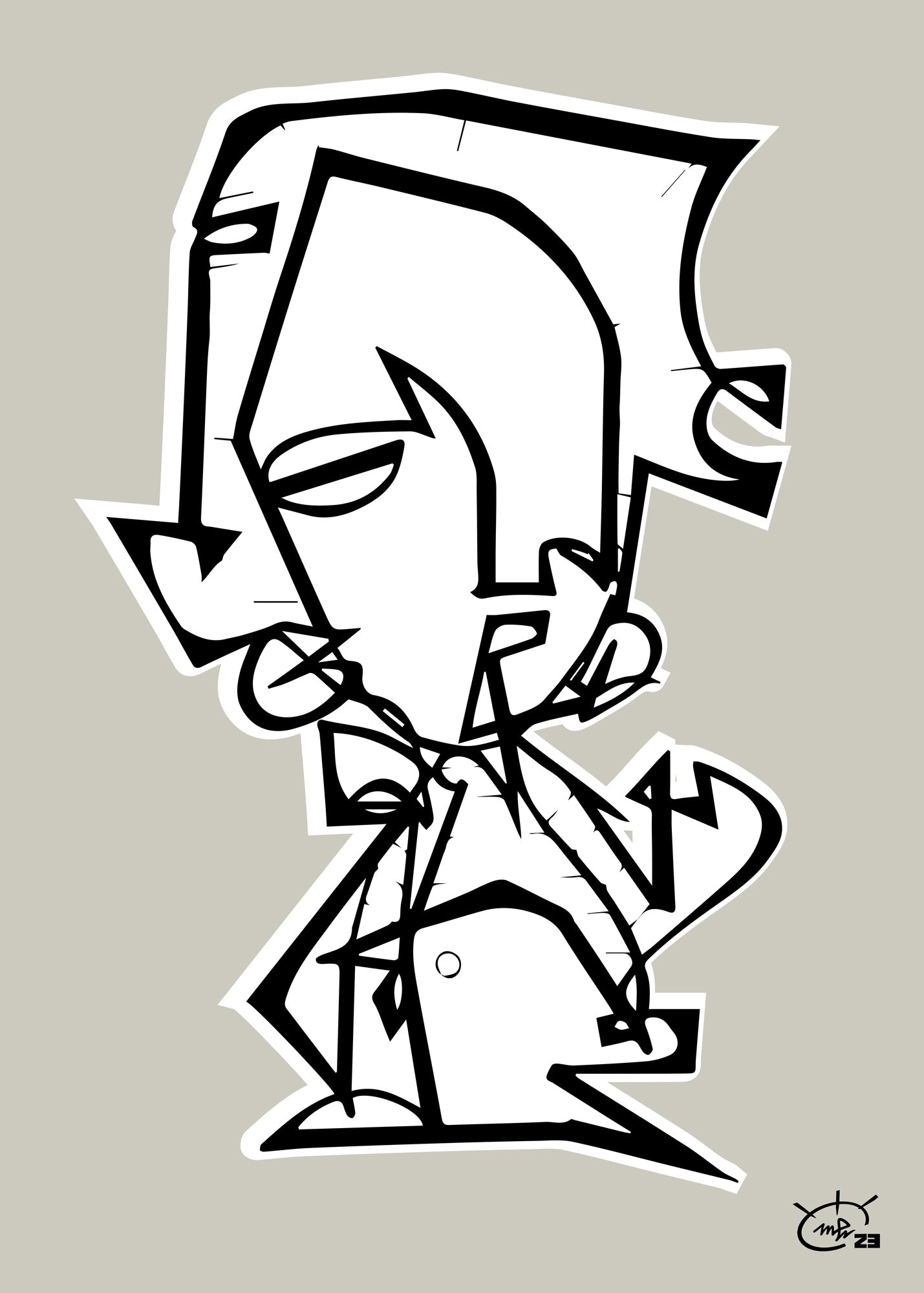 A black and white abstract artwork titled "Mr. Shyguy" by Markus Haertel, featuring a stylized figure in an introspective pose, created with bold one line geometric shapes. Available in five background colors.