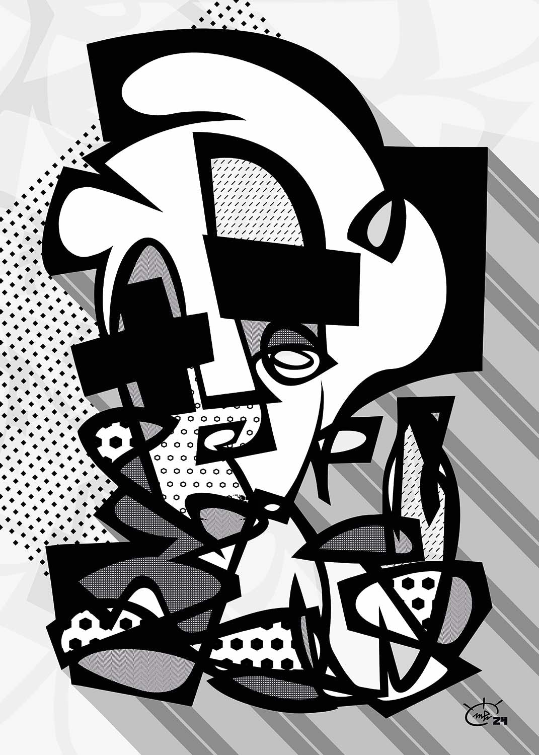POPPA WHOPPA monochromatic black and white abstract art by Markus Haertel. A minimalist yet striking design that focuses on intricate form and texture