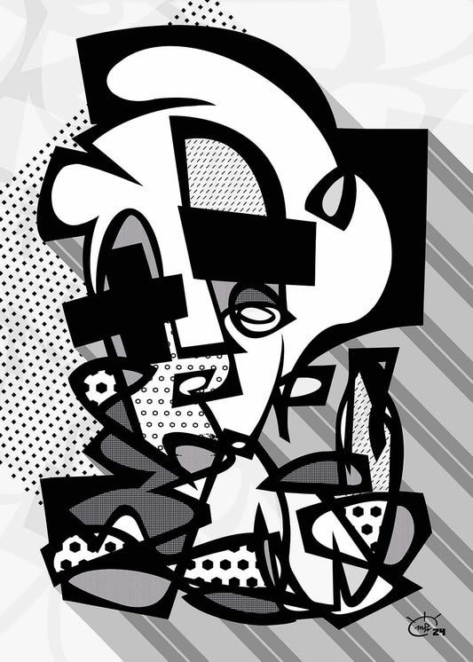 POPPA WHOPPA monochromatic black and white abstract art by Markus Haertel. A minimalist yet striking design that focuses on intricate form and texture.