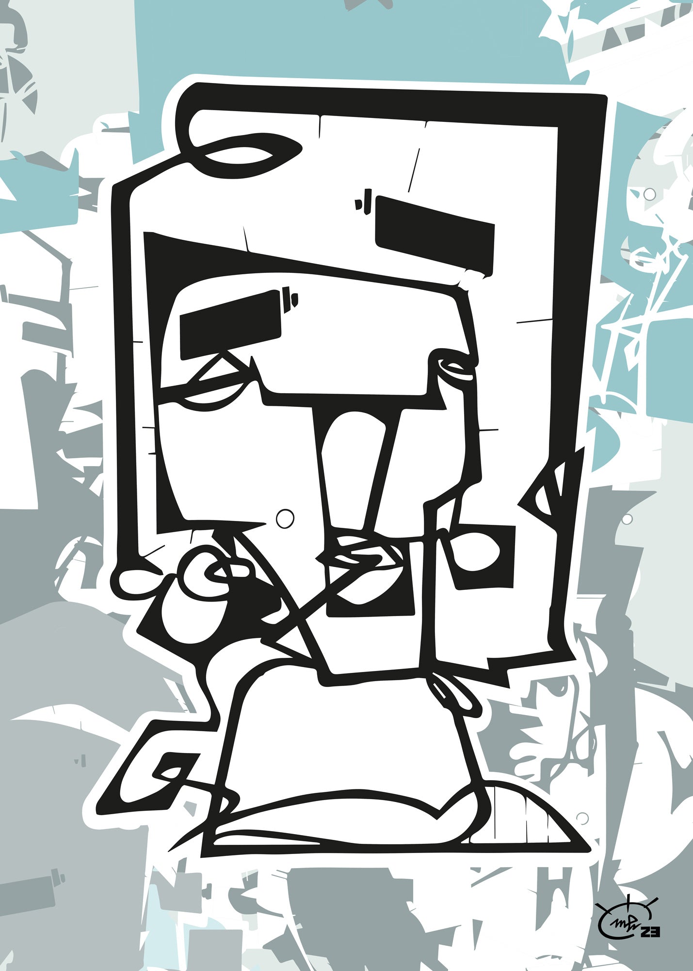 A black and white abstract artwork titled "Squarehead" by Markus Haertel, featuring a geometric figure with a square-shaped head created with bold one line geometric shapes. Available in five background colors.