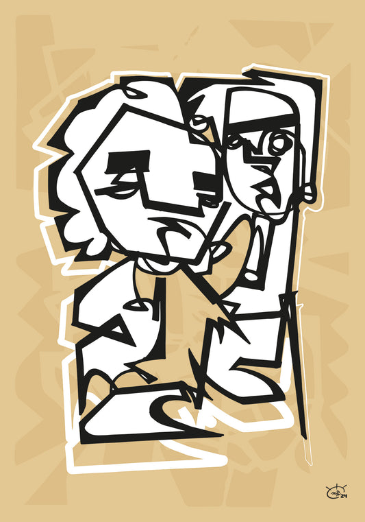 A black and white one-line abstract drawing titled "Stop Complaining" by Markus Haertel. The artwork features two figures engaged in conversation, rendered in a minimalist, geometric style that emphasizes human expression and dialogue.