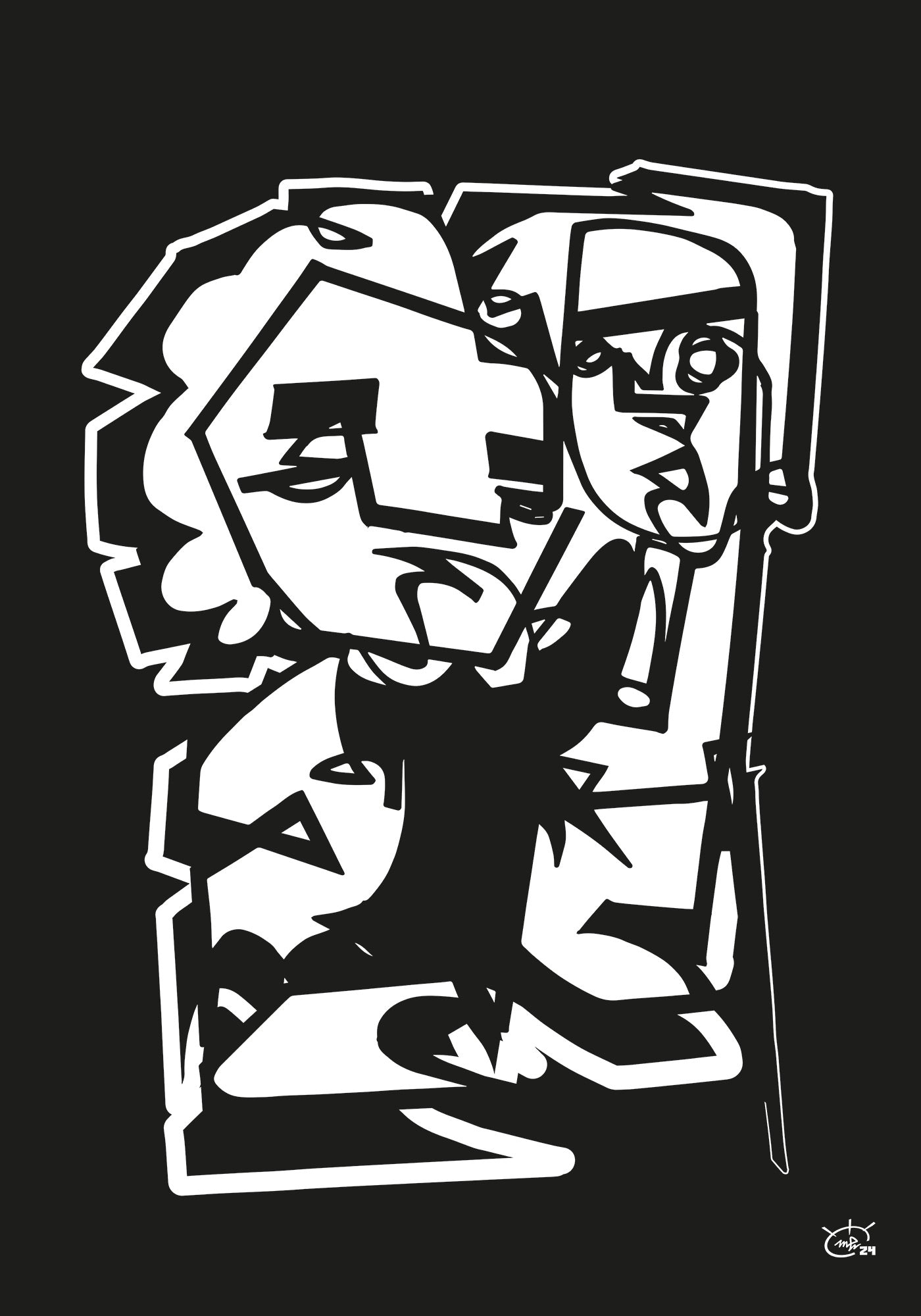 A black and white one-line abstract drawing titled "Stop Complaining" by Markus Haertel. The artwork features two figures engaged in conversation, rendered in a minimalist, geometric style that emphasizes human expression and dialogue.
