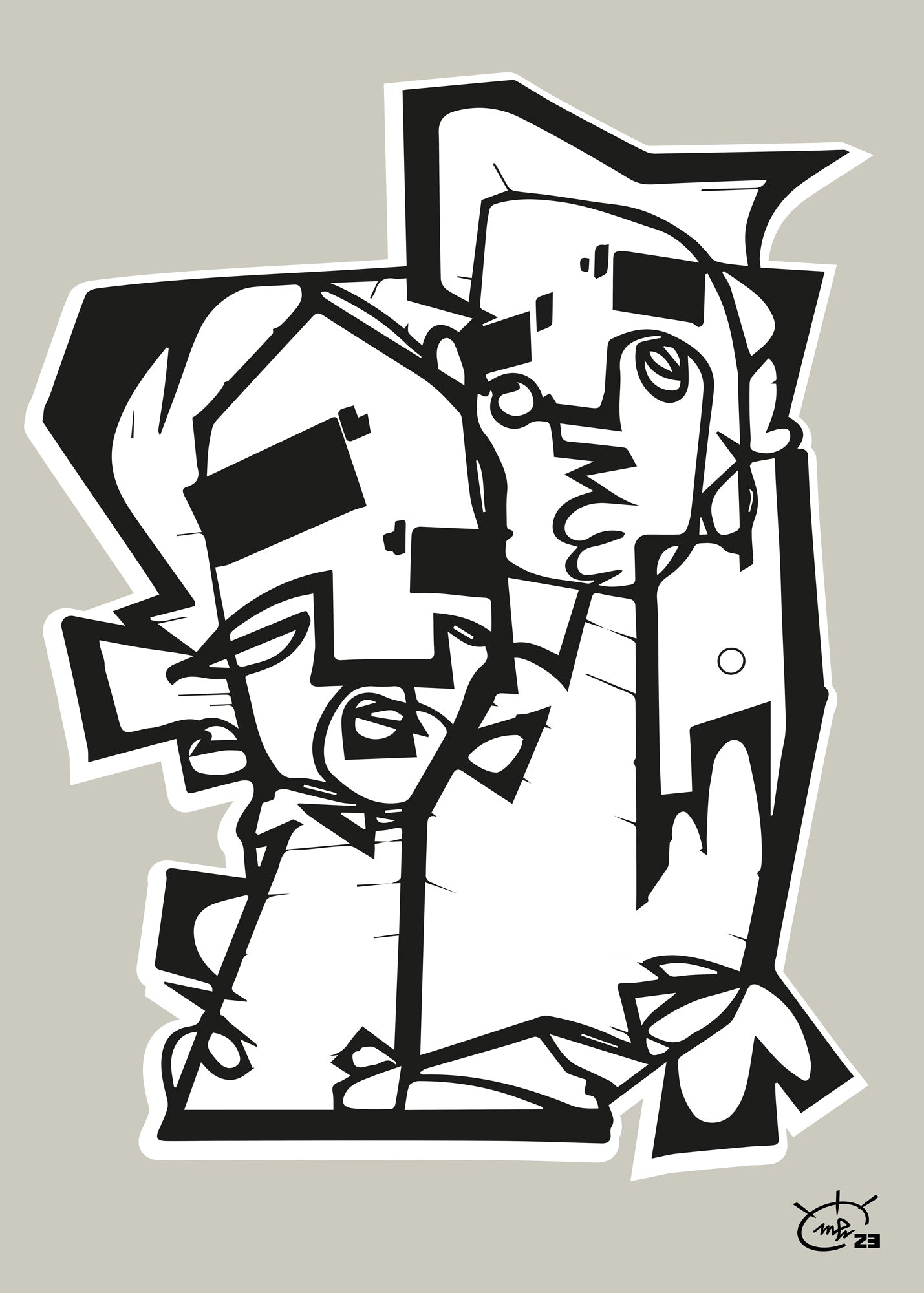 A black and white abstract artwork titled "The Hug" by Markus Haertel, featuring two intertwined figures embracing, created with bold one line geometric shapes. Available in five background colors.

