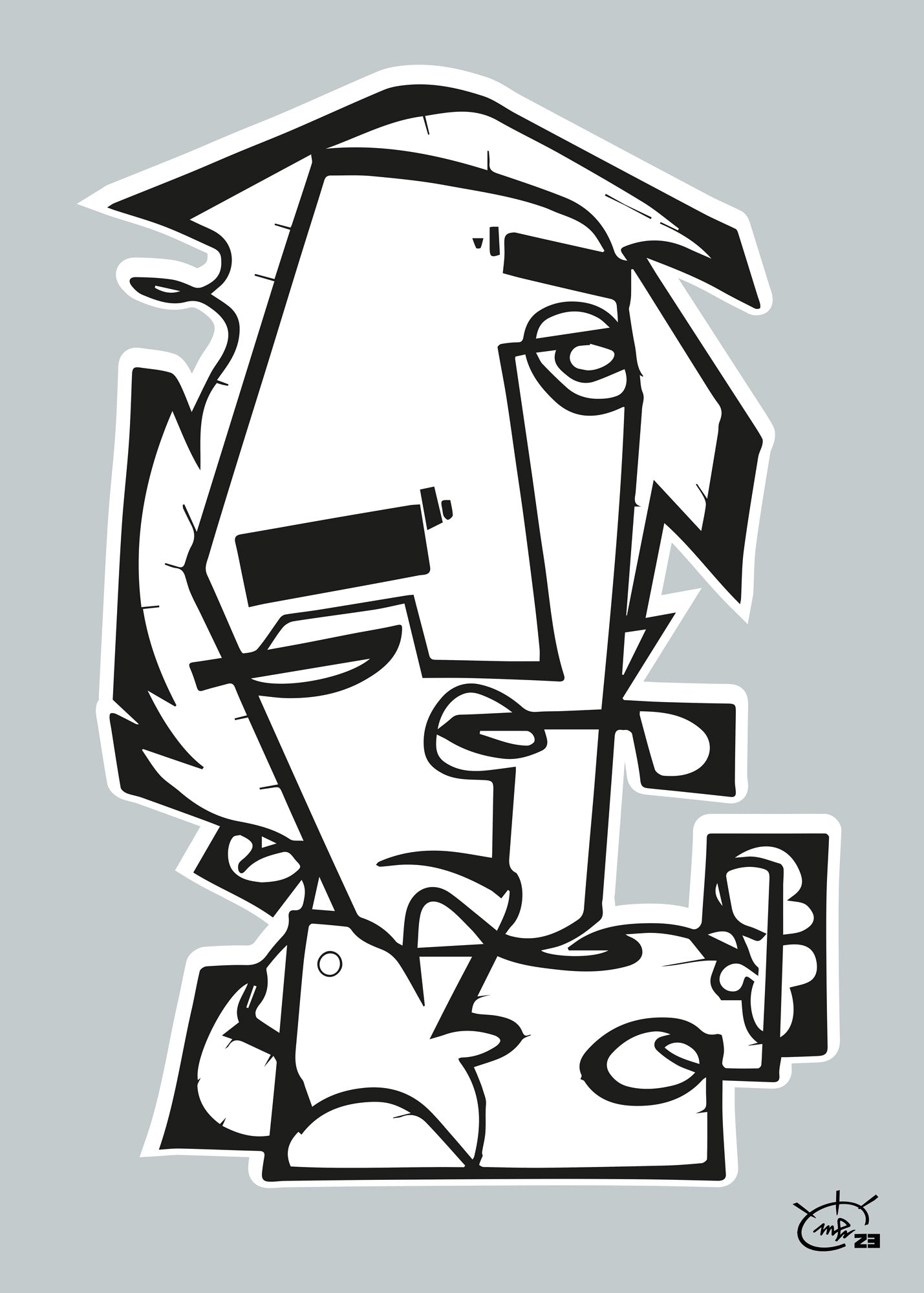 A black and white abstract artwork titled "The Pipe" by Markus Haertel, featuring a stylized figure smoking a pipe, created with bold one line geometric shapes. Available in five background colors.