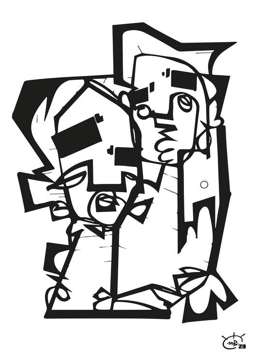A black and white abstract artwork titled "The Hug" by Markus Haertel, featuring two intertwined figures embracing, created with bold one line geometric shapes. Available in five background colors.


