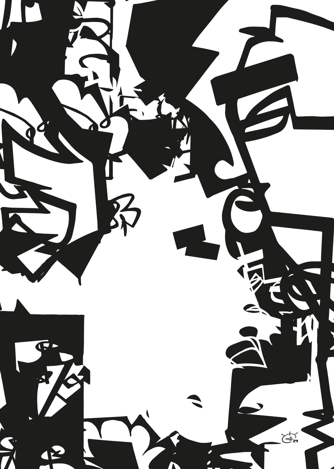 An abstract one-line artwork titled "Urban Jungle V01" by Markus Haertel, featuring a chaotic blend of geometric shapes and fluid lines. This canvas print is available in five different background colors, offering a dynamic interpretation of city life.

