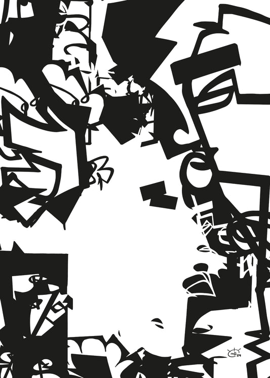 An abstract one-line artwork titled "Urban Jungle V01" by Markus Haertel, featuring a chaotic blend of geometric shapes and fluid lines. This canvas print is available in five different background colors, offering a dynamic interpretation of city life.

