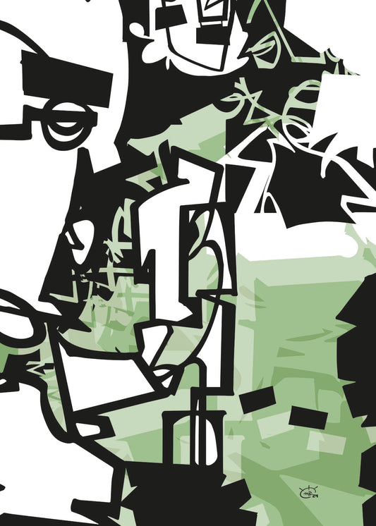 An abstract one-line artwork titled "Urban Jungle V02" by Markus Haertel, featuring fluid geometric lines and shapes that represent the bustling nature of city life. Available in five different background colors, this dynamic poster print adds an artistic, urban touch to any modern space.
