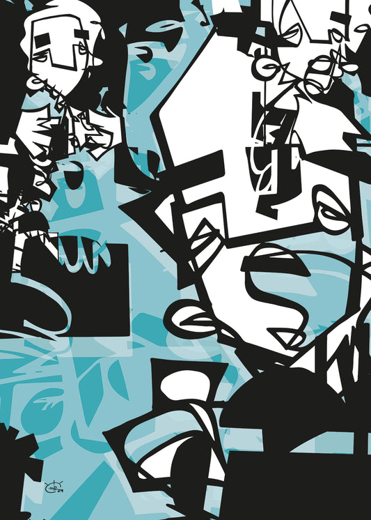 An abstract one-line artwork titled "Urban Jungle V03" by Markus Haertel, featuring fluid geometric lines and shapes that represent the bustling nature of city life. Available in five different background colors, this dynamic canvas print adds an artistic, urban touch to any modern space.