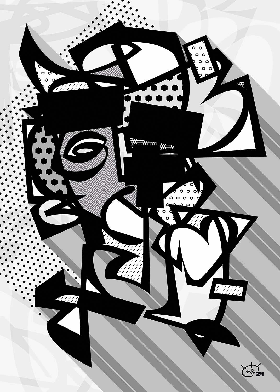 A bold abstract cubist artwork titled "Vato Loco" by Markus Haertel, featuring fragmented geometric shapes, black lines