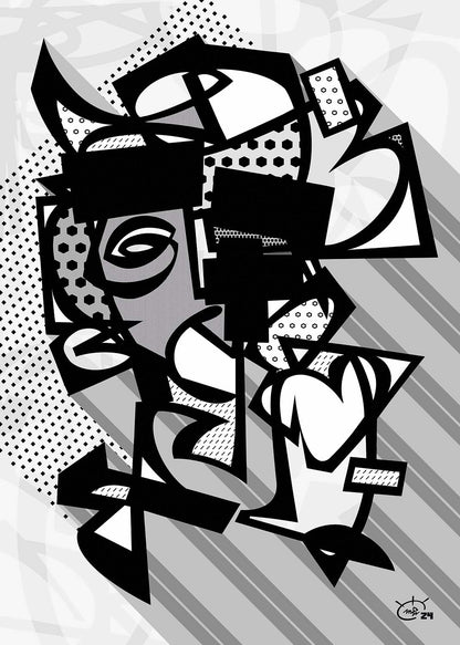 "Vato Loco by Markus Haertel, a black-and-white one-line abstract modern art canvas with high-contrast geometric designs."