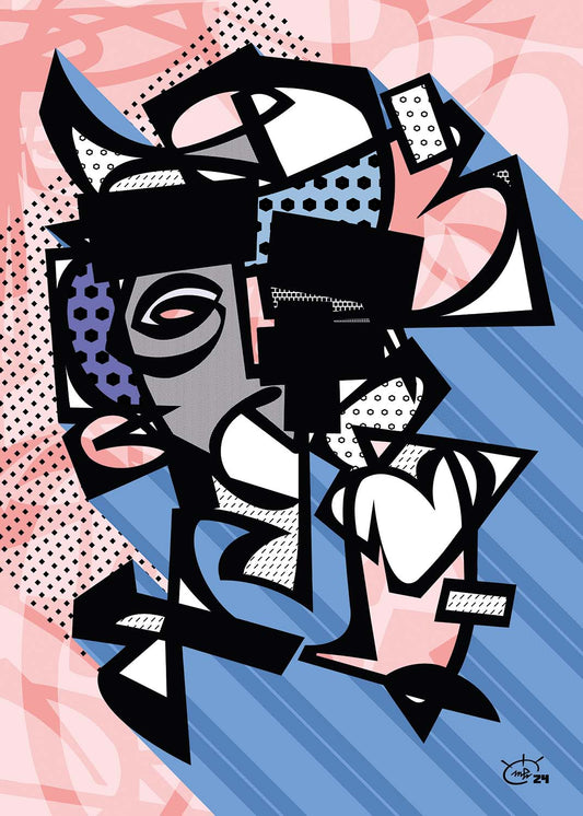 "Vato Loco by Markus Haertel, a one-line abstract modern canvas print in red, blue, and pink tones with dynamic geometric shapes."