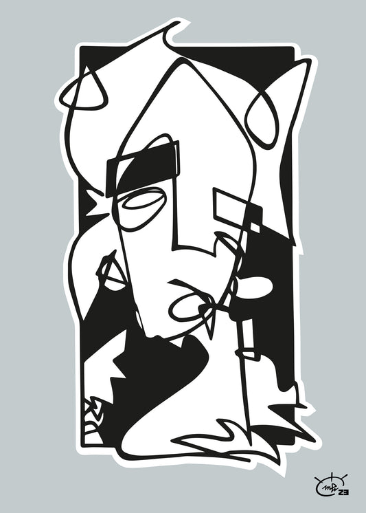 A black and white abstract artwork titled "Who Am I" by Markus Haertel, featuring a contemplative figure created with bold one line geometric shapes. Available in five background colors.


